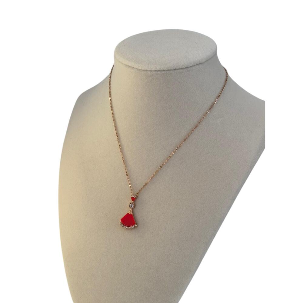 Red Fan Pendant Necklace Gold Tone Crystal Accent Statement Jewelry Women - Picture 4 of 6